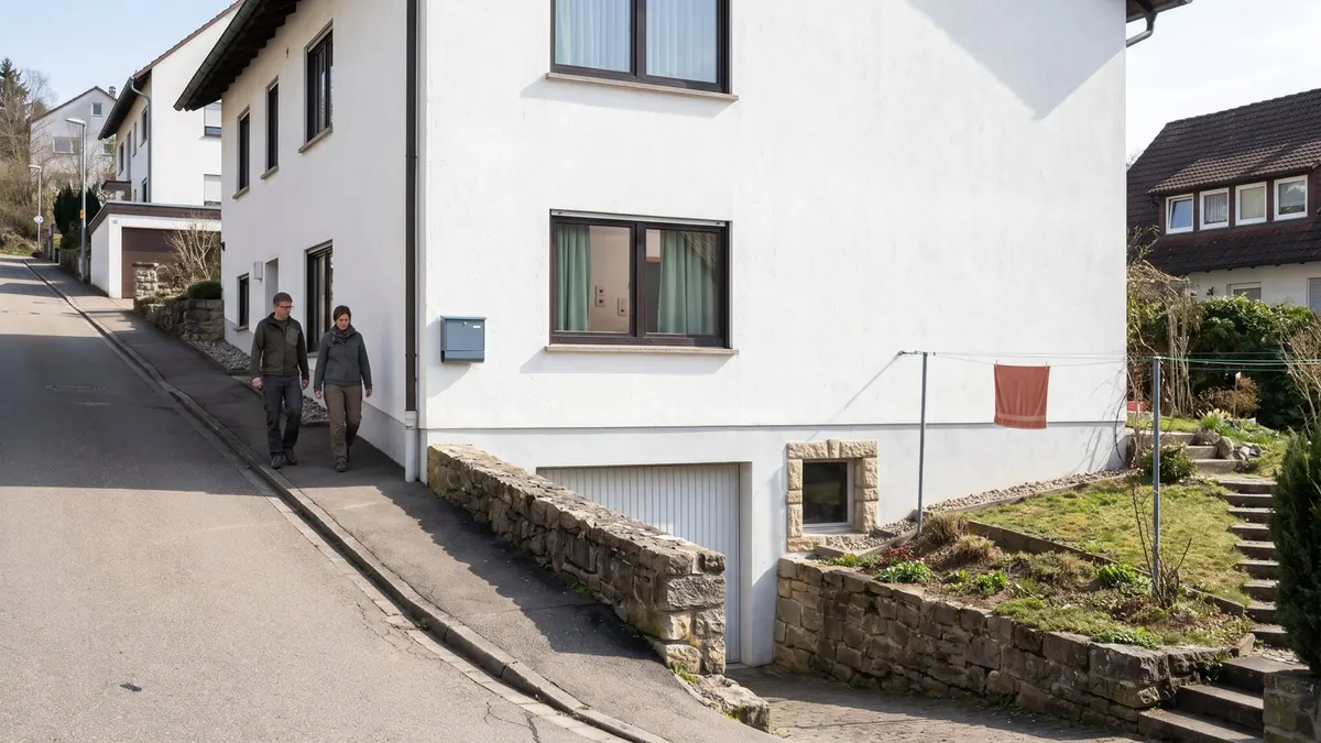 Haus an einer steilen Hangstraße mit Untergeschoss unter Straßenniveau