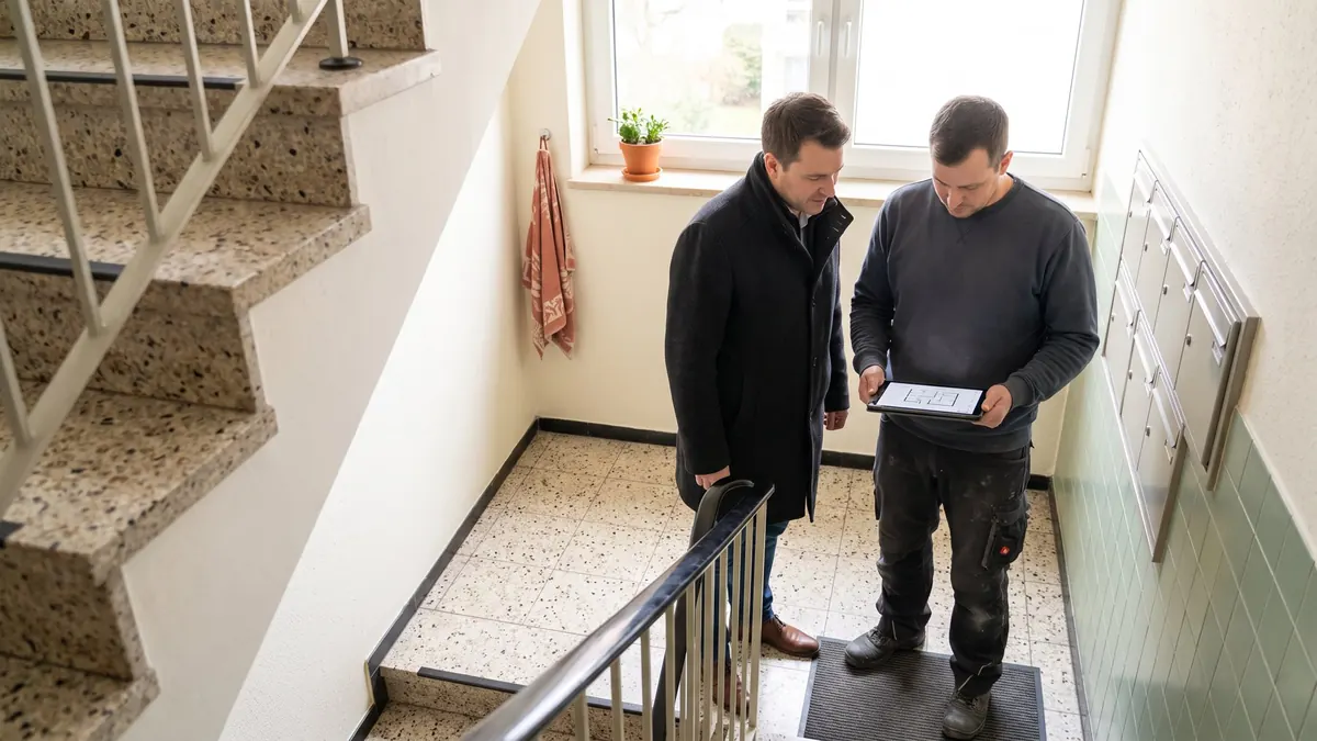 Hausverwalterin und Fachkraft besprechen einen Plan im Treppenhaus