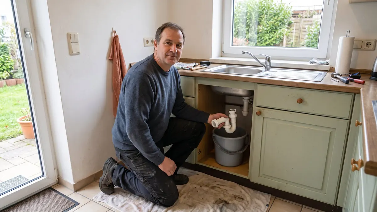 Fachkraft öffnet den Siphon unter der Küchenspüle