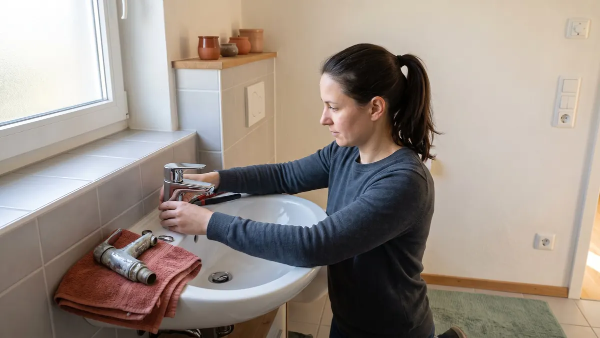 Handwerkerin montiert eine neue Waschtischarmatur, die alte verkalkte liegt daneben