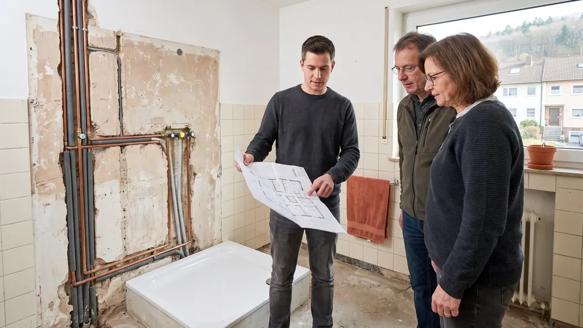 Fachkraft zeigt den Eigentümern den Plan für das neue Bad