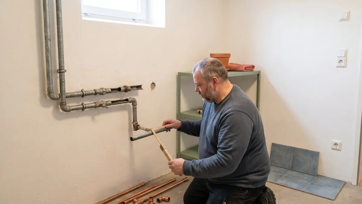 Fachkraft misst alte verzinkte Leitungen im Keller eines 60er-Jahre-Hauses aus