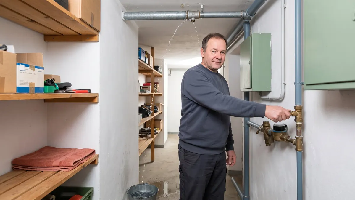 Fachkraft schließt das Hauptabsperrventil, während eine Leitung im Keller tropft