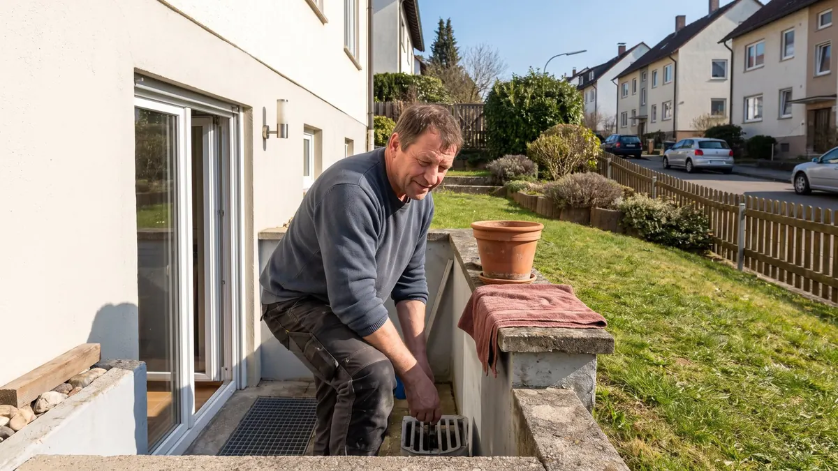 Fachkraft prüft den Lichtschacht eines Hauses am Hang