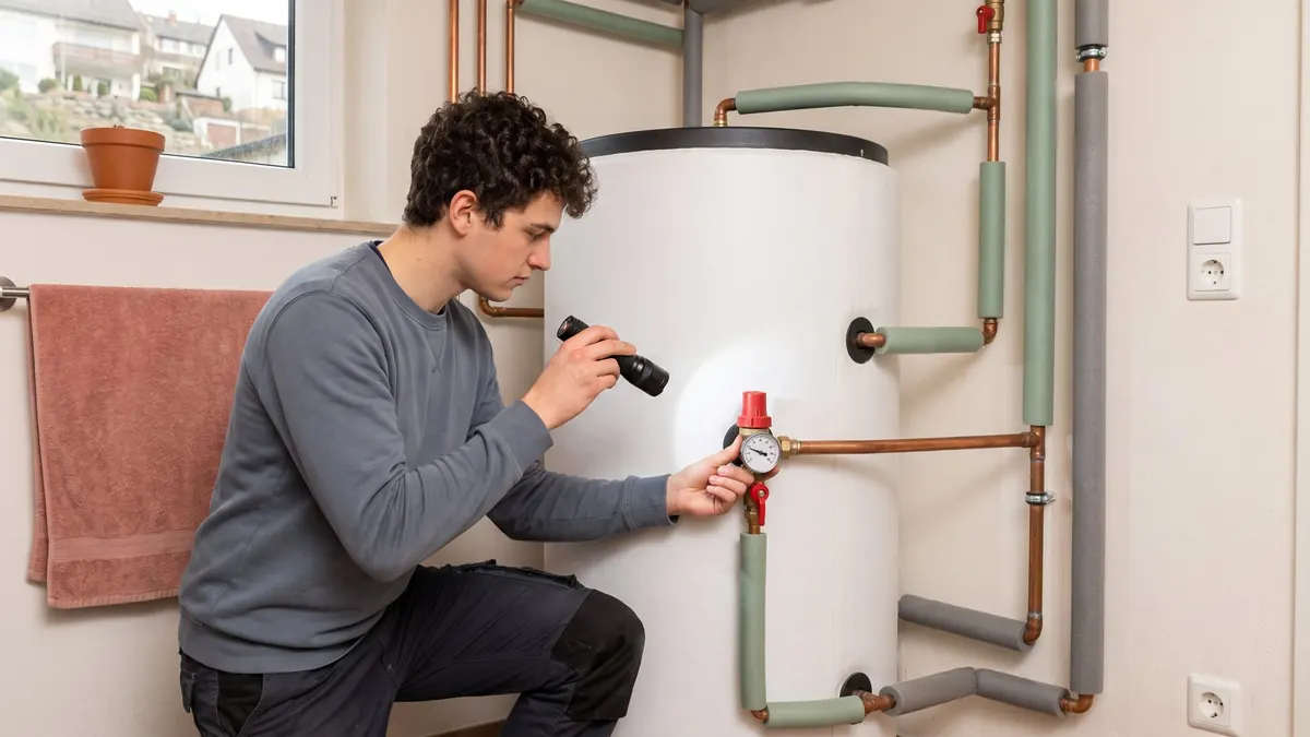 Fachkraft prüft das Sicherheitsventil am Warmwasserspeicher