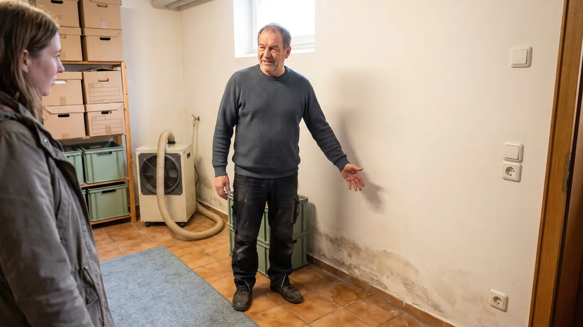 Fachkraft und Hausbesitzer nach einem Wasserschaden im Keller