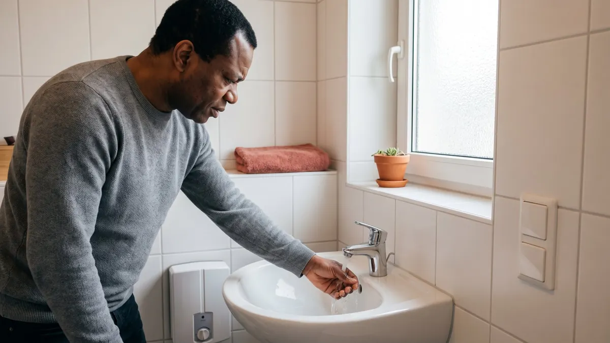Fachkraft prüft am Waschbecken, ob warmes Wasser ankommt