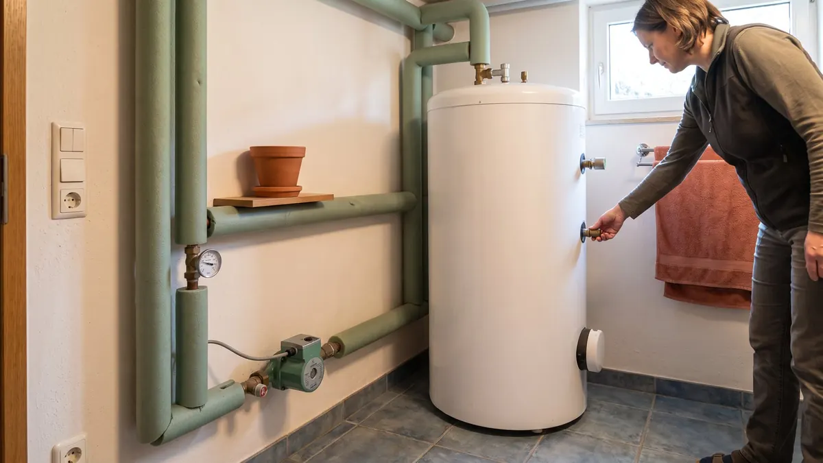 Warmwasserspeicher mit Zirkulationspumpe im Heizungskeller